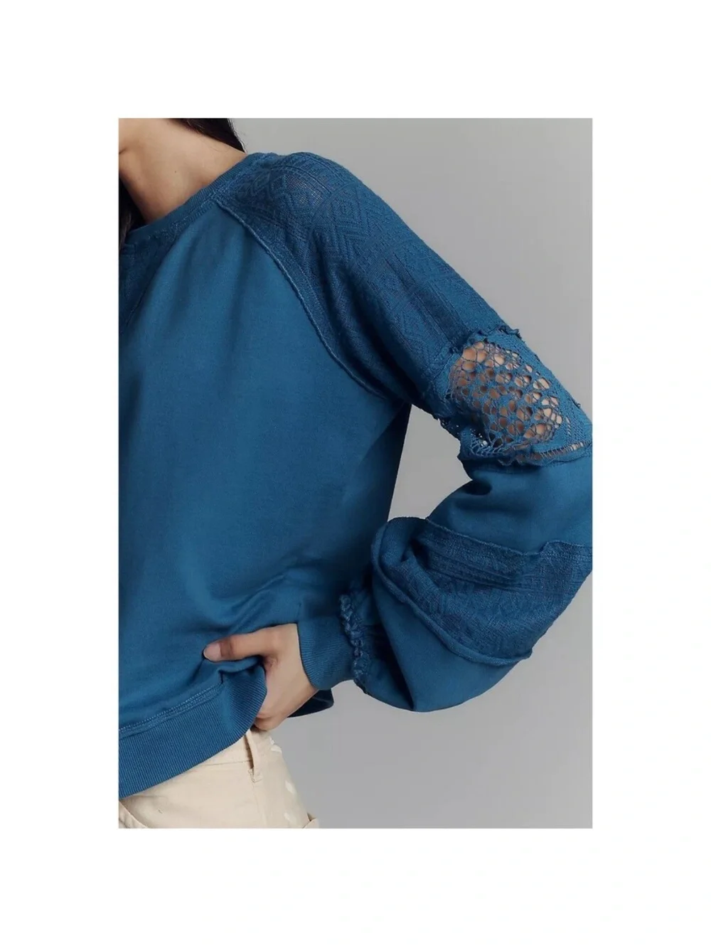Anthropologie Lace Balloon Sleeve Pullover Cotton Top in Blue size XS